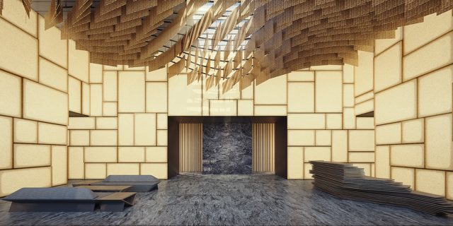 天井與層疊竹片裝置，陽光在大廳中柔和散開